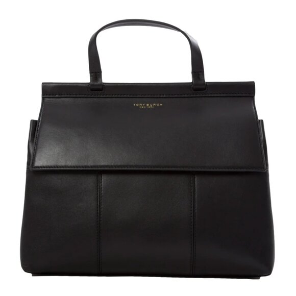 Tory Burch Block-T Satchel Top Handle Crossbody Shoulder Bag Black Leather - Picture 1 of 9